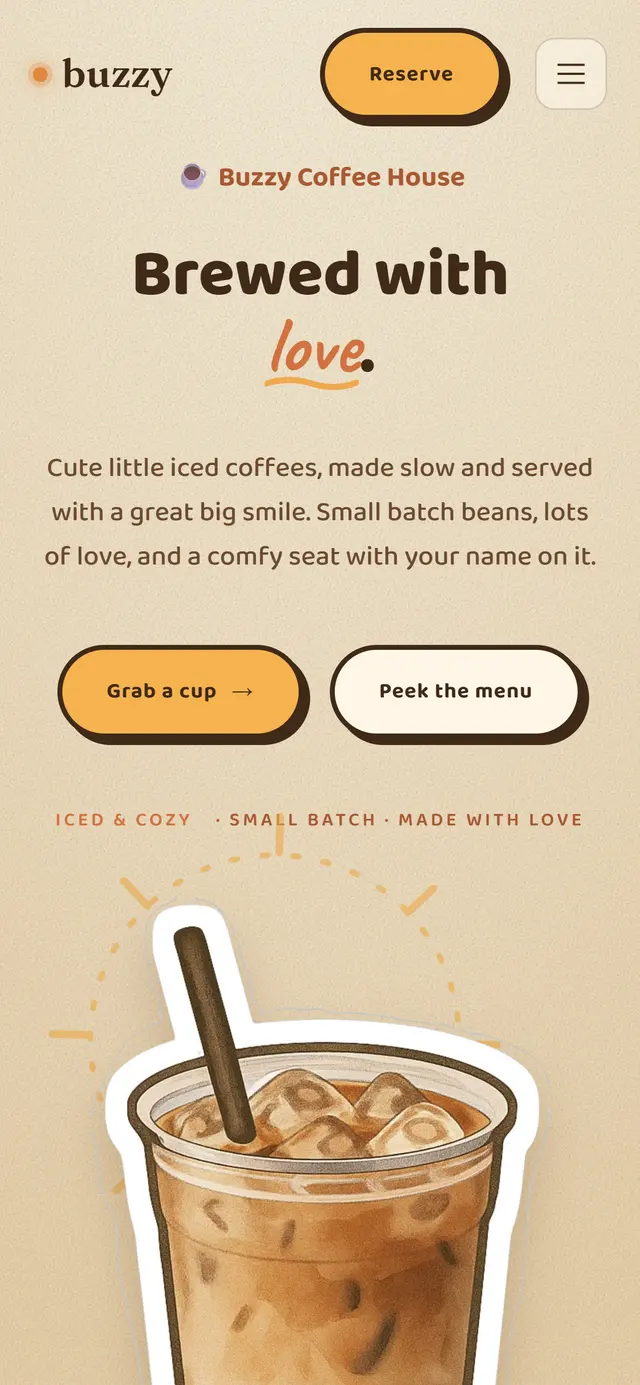Buzzy, an illustrated comic coffee house site on a phone.